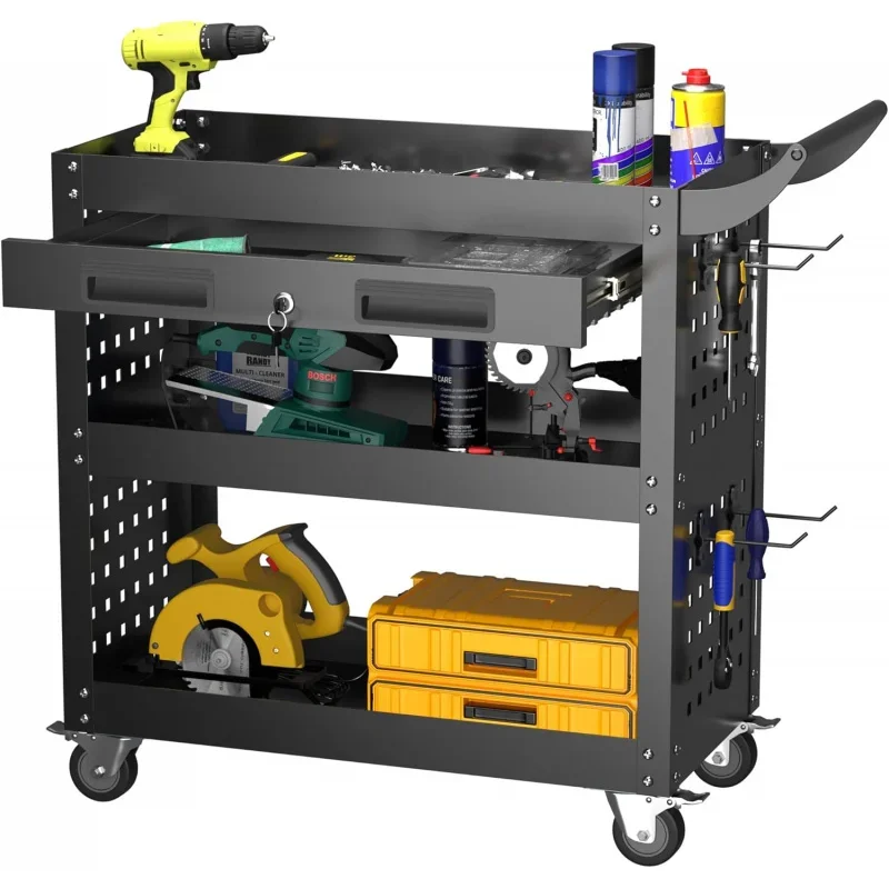 3 Tier Cart Utility Rolling Cart with Drawer and Pegboard, Heavy Duty Metal Storage Organizer Home Garage and Workshop