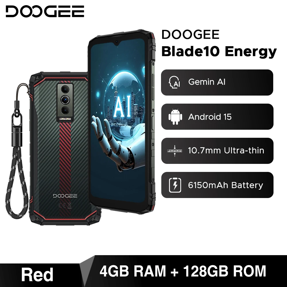 DOOGEE Blade10 Energie Robuuste telefoon Android 15 Gemini AI 10,7 mm Ultradunne 6150 mAh batterij 6,56 '' scherm Widevine L1 mobiele telefoon