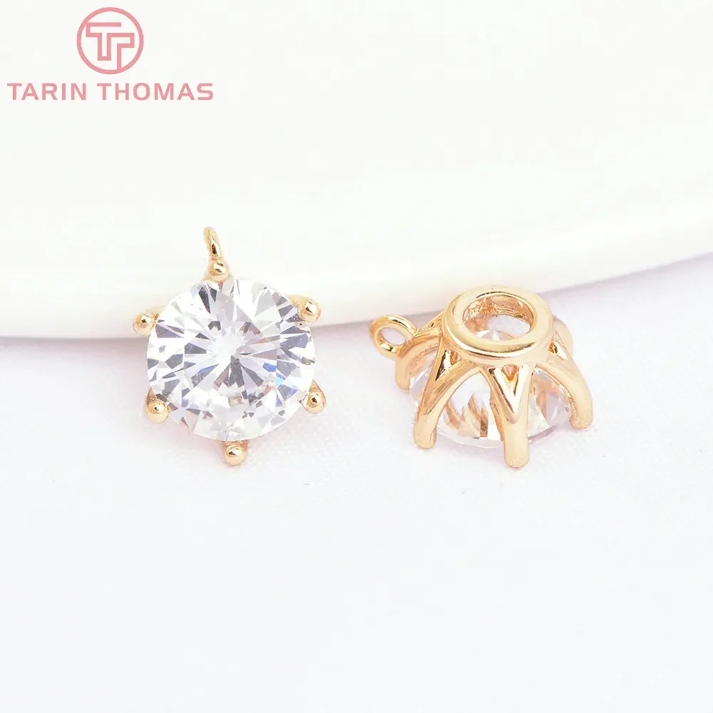 (900) 6 SZTUK 7MM 9MM Otwór 1MM 24K Złoty kolor Mosiądz z cyrkonią Okrągłe zawieszki z cyrkoniami Wysokiej jakości akcesoria jubilerskie