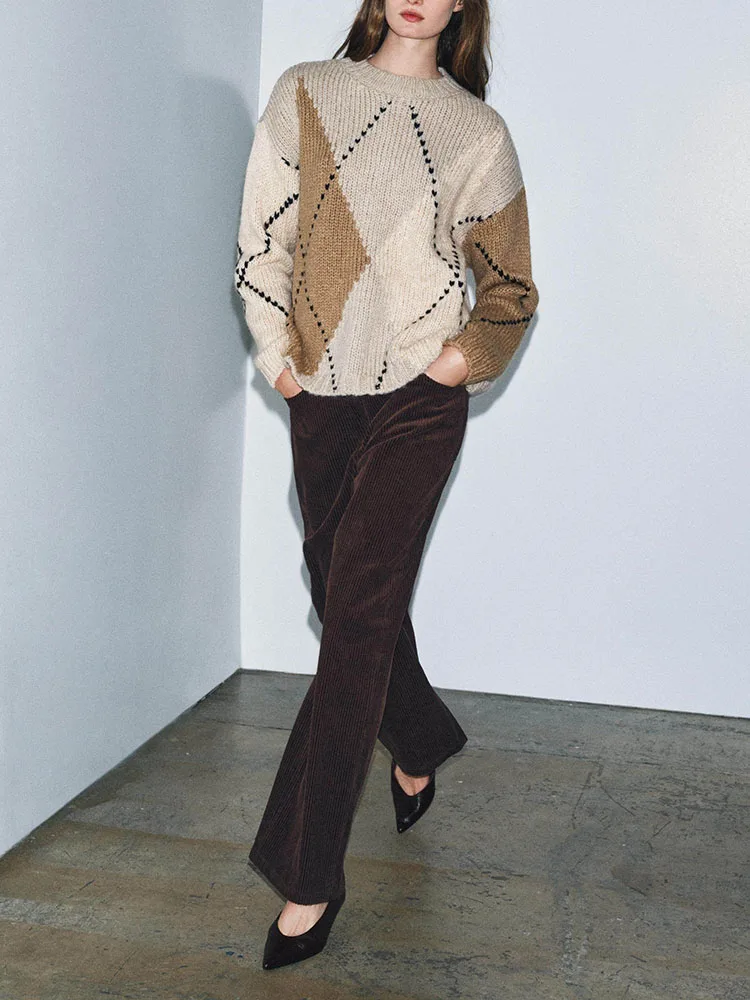 

Faionable Long Sve round Ne Diamond Pattern Knitted Sweater New Arrival Winter 2025 Women's Loose Fit Casual Sle Kni...