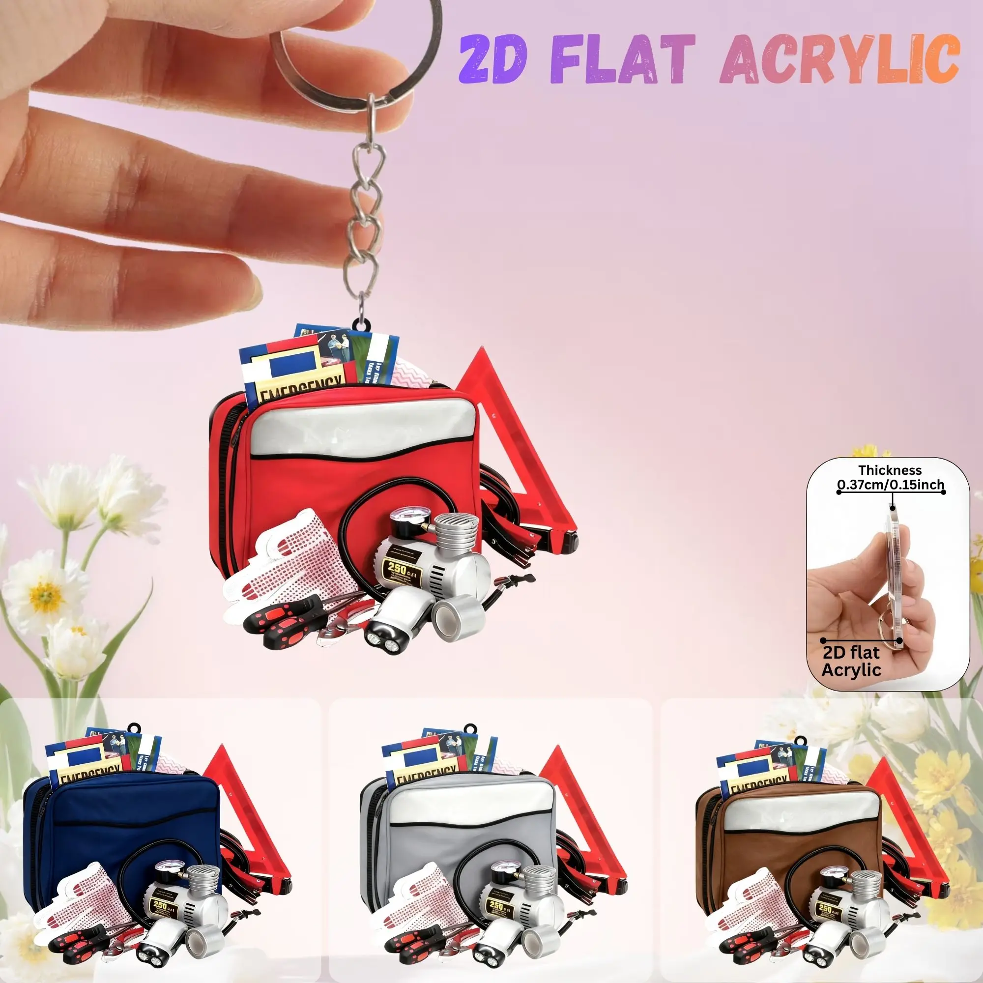 2D Automotive Emergency Kit Keychain Cute Flat Acrylic Pendant For Holiday Parties Great Gift Idea for Creative Keyring lovers