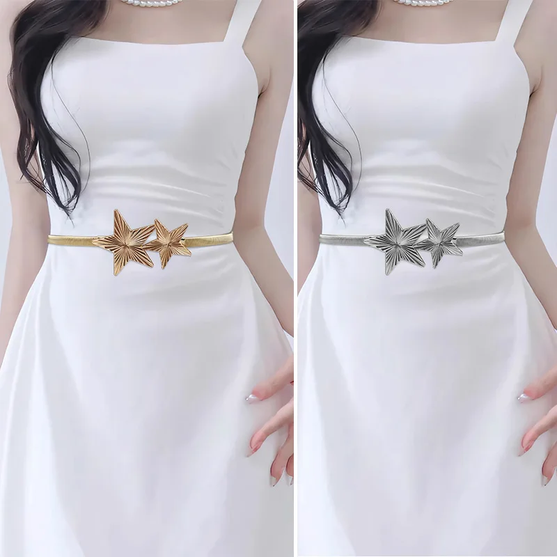 موضة مرونة الخصر حزام على شكل سلسلة الإناث الخصر نجوم أحزمة معدنية للنساء جودة عالية فاخرة مصمم الذهبي رقيقة تمتد ريم