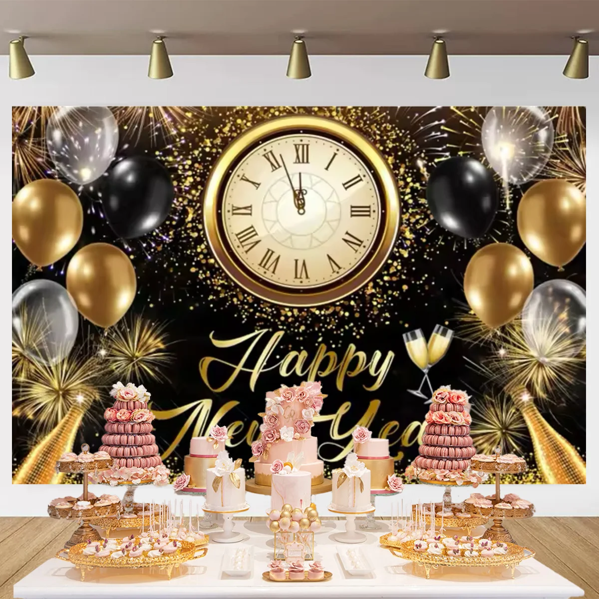 2025 Happy New Year Eve Theme Family Gathering Party Background Fireworks Champagne Golden Balloon Banner Decoration Background