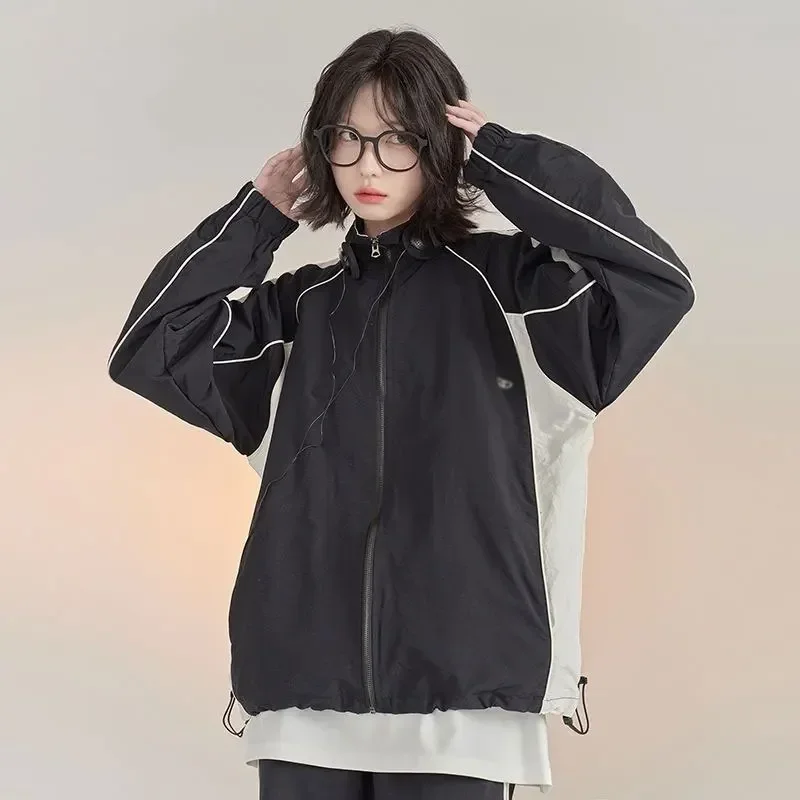 HOUZHOU Vintage Y2k Windbreaker Jacket Women Oversize Korean Fashion Harajuku Streetwear Track Jackets Outdoor Spring Autumn