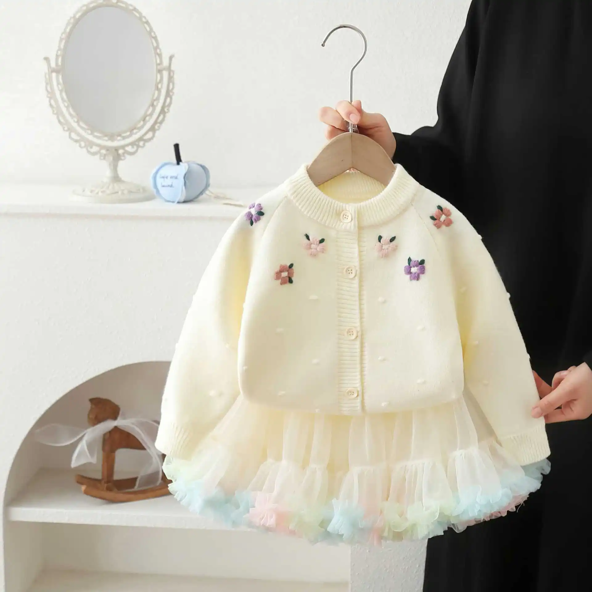 Girls Dress Clothes Sets Spring Autumn Children Woolen Jersey Sweaters Coats Tutu Skirts Princess Suit Baby Knitted Outfits Kids 2