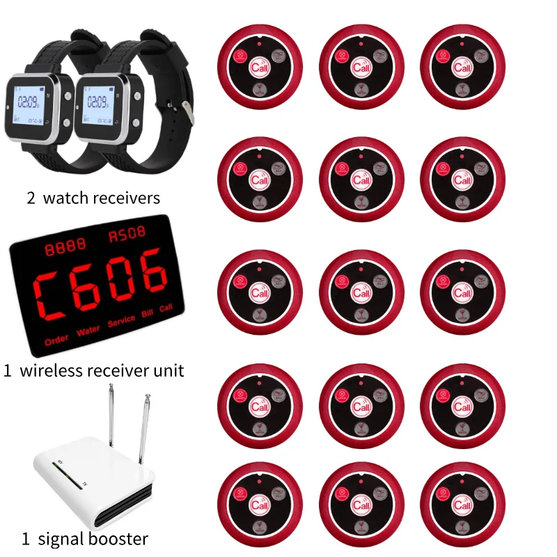 Restaurant wireless paging system, including 1 display monitor, 2 wristwatch receivers, 1 signal amplifier, and 15 pagers