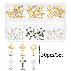 Décoration de luxe en métal pour ongles, croix, papillon, cœur, biscuits brillant, pierre précieuse, diamant, breloque, accessoires de bricolage, 30 pièces par ensemble