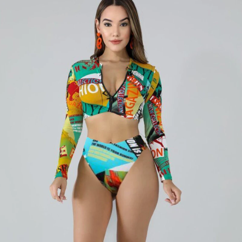 Sexy Bikini Beach Swimsuit Women's Long Sleeve Zipper Printed Multicolor High Waist 2024 Summer Fashion Latest Style Separates