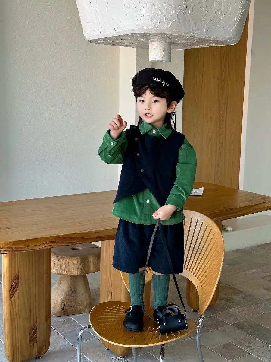 Spring Autumn Fashion Boys Casual Kids Gentleman Vest+Green Shirt+Shorts Children Casual Pants 3Pcs Casual Suits Sets Clothing