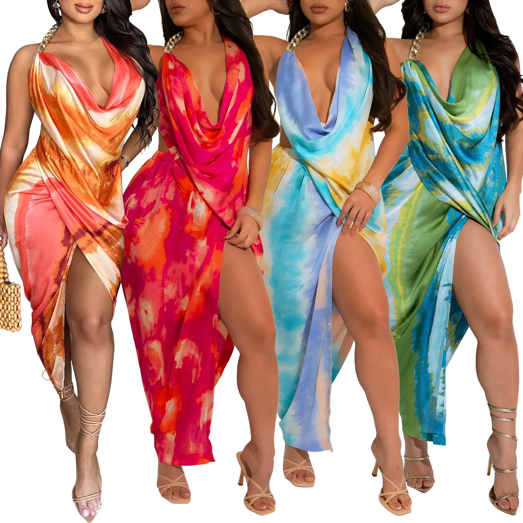 

Sexy Tie-dye Printing Women Irregular Party Dress Summer Holidays Casual Nightclub Dresses Side Split Gowns