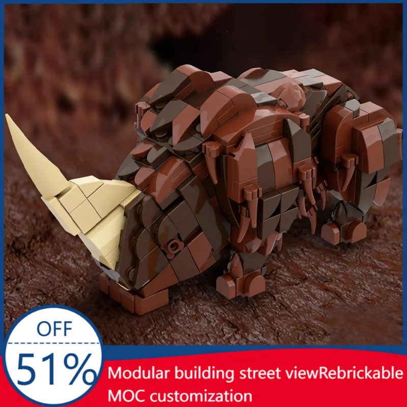 

375 PCS Customize Series Mudhorn Large horns Flat Teeth And Iong Fluffy Fur MOC Building Block ModelChildren Halloween Gifts Set