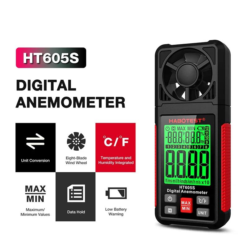 HT605/S Digital Anemometer, Portable Wind and Air Velocity Meter with Temperature and Humidity Display