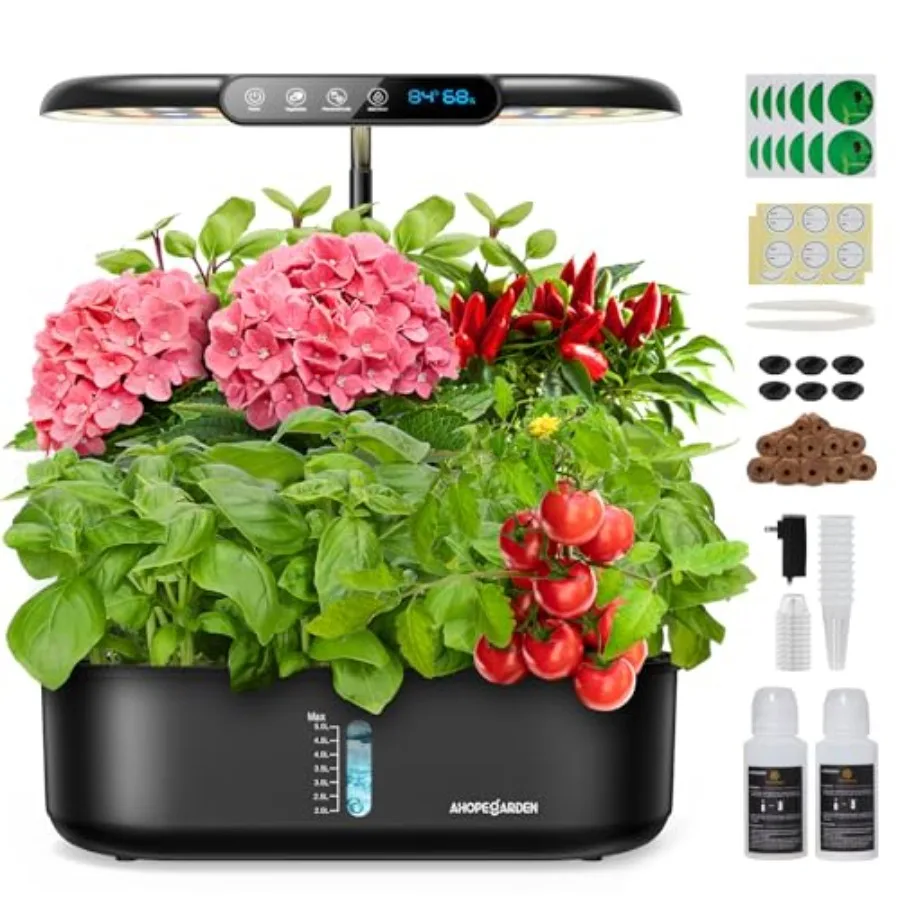 Indoor hydroponics growing system kit: 12-pod herb garden with LCD display, full-spectrum LED grow light, smart temperature hum