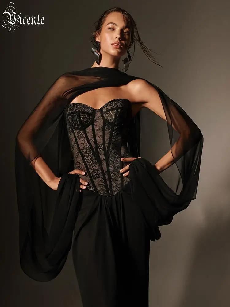 

VC Women’s Lace Corset Evening Gown with Sheer Cape Elegant Strapless See Through Maxi Dress Formal Events & Wedding Guest Gown