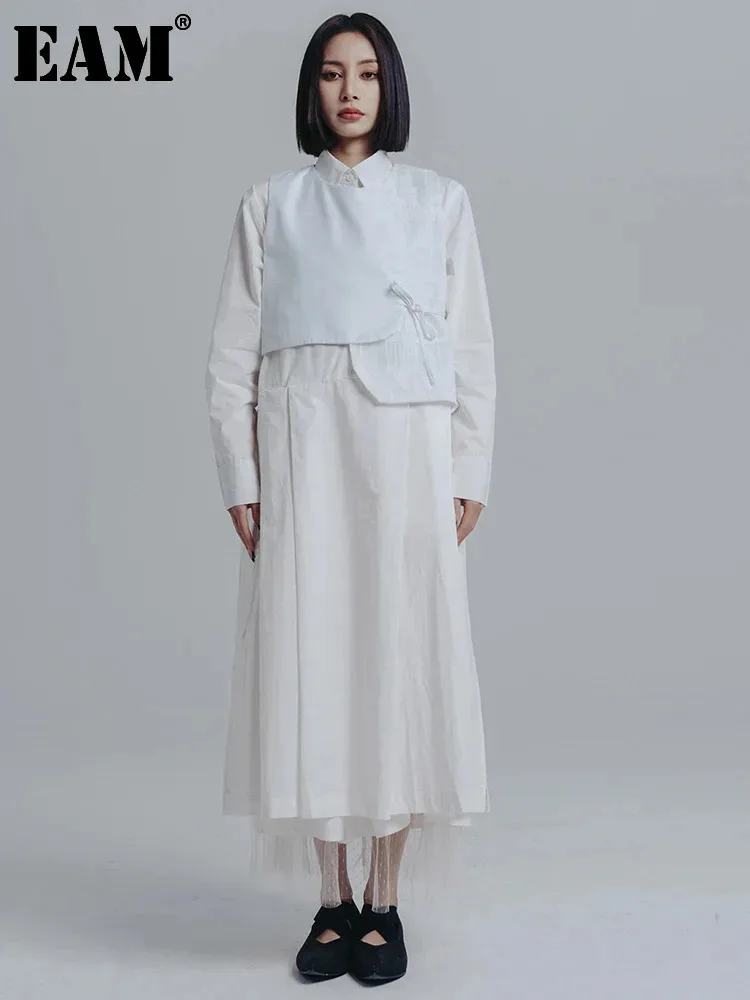 [EAM] Women White Pleated Irreuglar Big Size Shirt Dress New Lapel Long Sleeve Loose Fit Fashion Tide Spring Autumn 2024 1DE7026