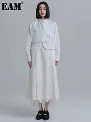 [EAM] Women White Pleated Irreuglar Big Size Shirt Dress New Lapel Long Sleeve Loose Fit Fashion Tide Spring Autumn 2024 1DE7026