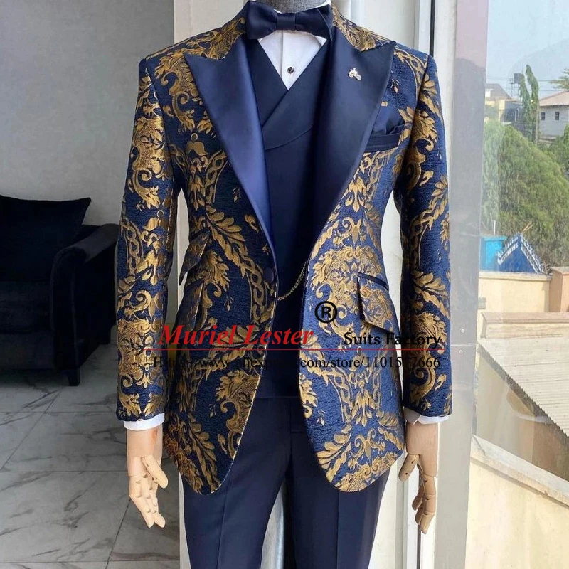 

Classic Jacquard Men Suits For Wedding Bespoke Peak Lapel Floral Jacket Vest Pants 3 Pieces Groomsmen Tuxedos Costume Homme