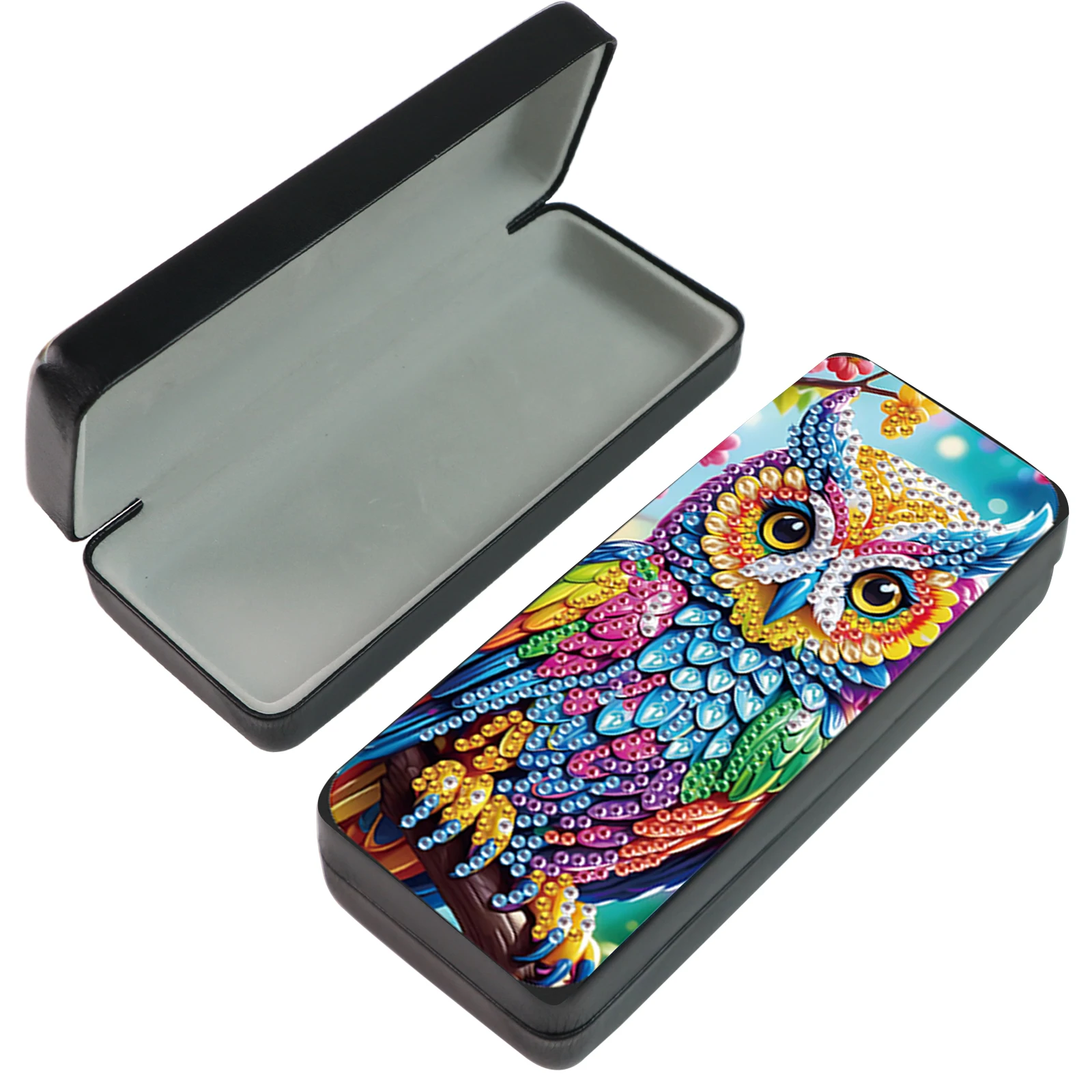 Diamond Art Painting Brillenetui-Set für Erwachsene, bunte Eule, handgefertigte Diamant-Kunst-Brillenetui, Kunsthandwerk, Reisen, Basteln, Geschenke