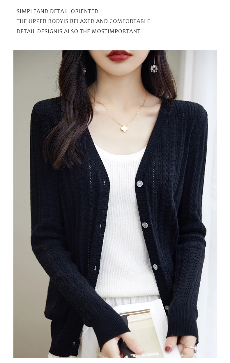 100% Cotton Spring/Summer Hollow v Neck Long Sleeved Sun Proof Air-Conditioned Shirt, Comfortable Fashionable Cardigan