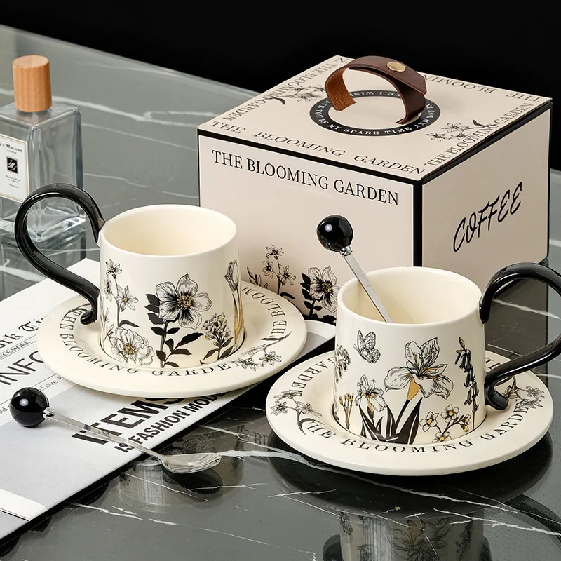 

Mid Ancient Style Ceramic Coffee Cup and Plate Set One Cup and Plate Light Luxury and High-end Feel Mug Gift Cup
