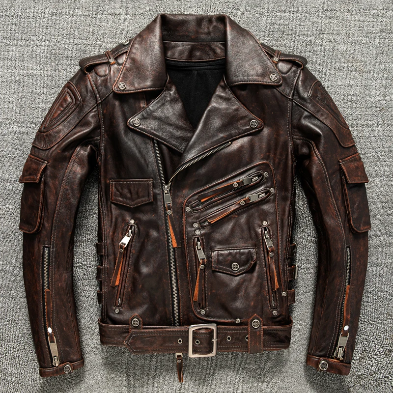 

May Khaki Top Layer Cowhide Leather men's Motorcycle Jacket Can Be Removed Inner Liner Can Be Added Protective Short Leather