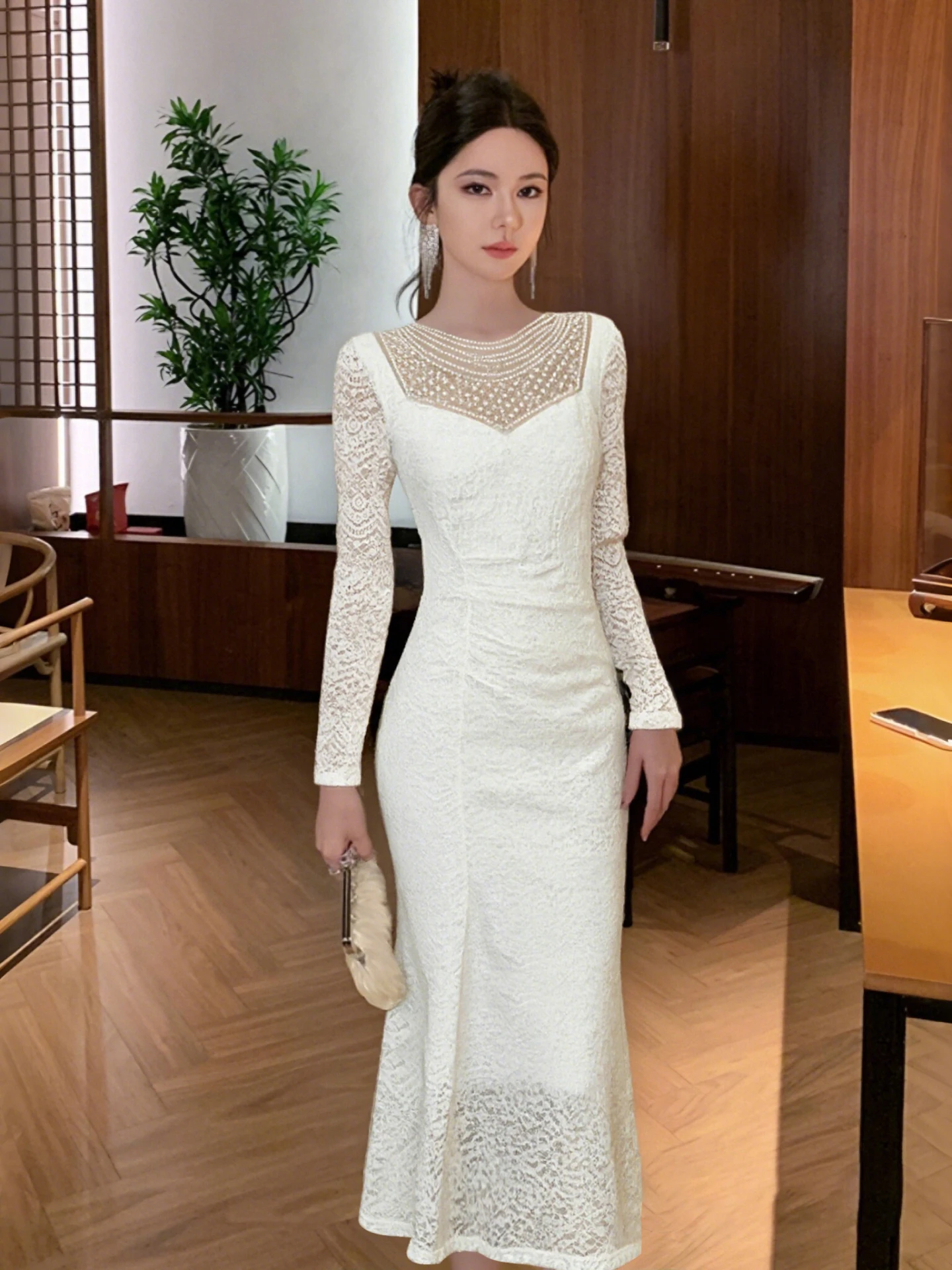 Ele Design Slimming Autumn New Sle French Sle High Waist Dr Fi Tail Skirt Long Sve A-Line Dr for Ladies