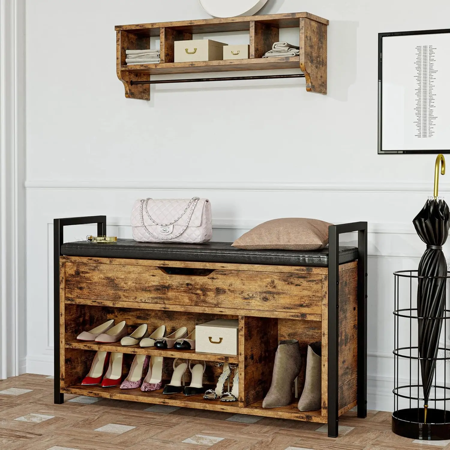 Shoe Storage Bench, Entryway Bench with Lift Top Storage Box, Metal and Board Bench for Entryway