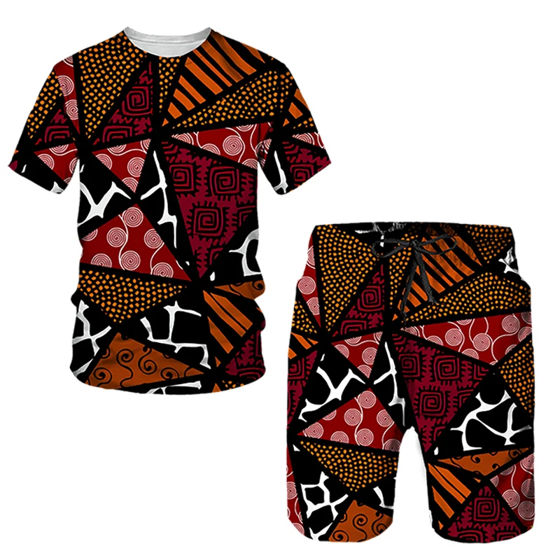 African Ethnic Style Men\'s T-shirt Sets 3D Print Tracksuit T Shirts Shorts 2 Pieces Streetwear Male Oversized Suits Sportswear
