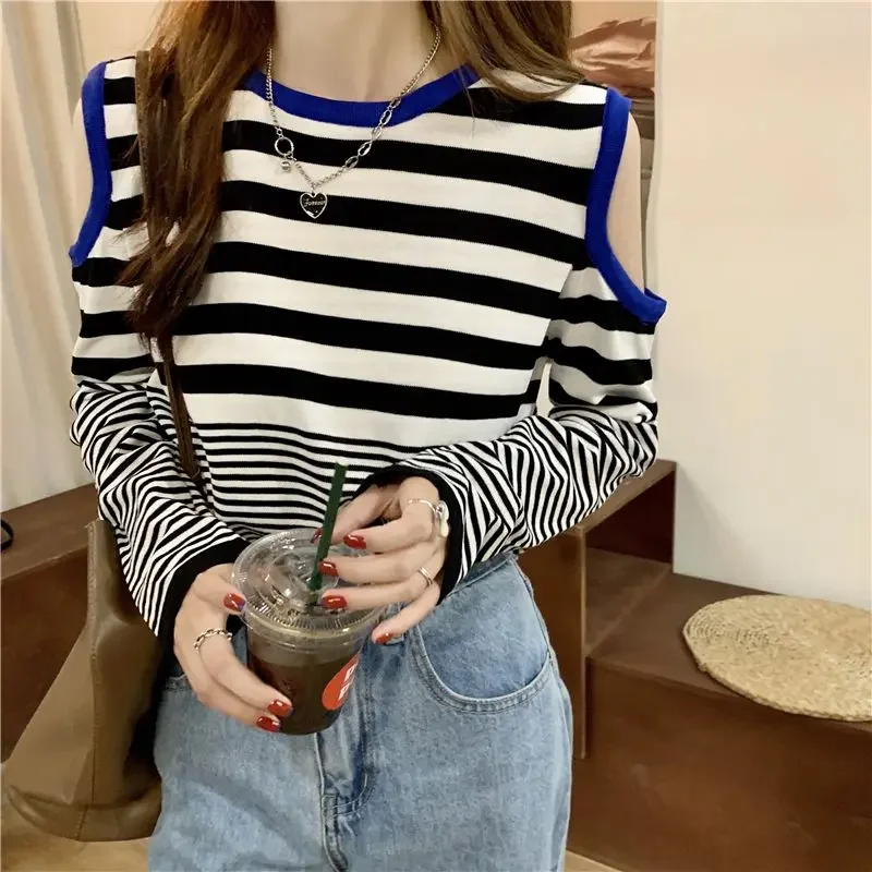 Femme Spring Summer Fashion Trend Striped Off Shoulder Women Clothes Fashionable Screw Thread Long Sleeve Pullovers Cardigan