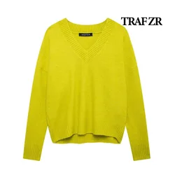 TRAF ZR Cozy Sweaters V-Neck Knit Solid Pullovers Long Sleeve Sweaters Harajuku Vintage Pullovers Women's Autumn Sweater