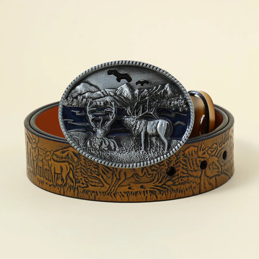 

Western denim zinc alloy men's embossed double deer pattern leather belt with denim decoration