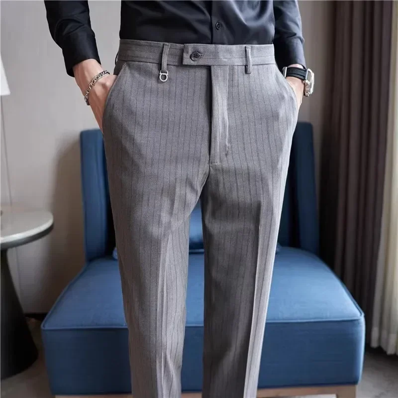 Gray Plaid Suit Pants Men, Fashion Slim Streaks Trousers Korean Navy Blue Pantalones Hombre, 28-32,33,34,36,38 Male Pant