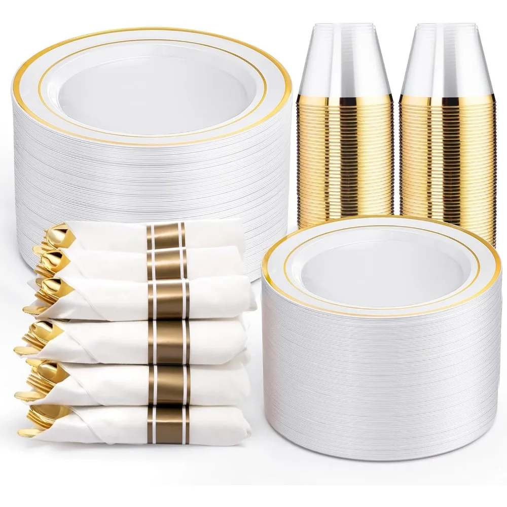 

Gold Plastic Plates and Silverware Set for 50 Guests - 350 Pieces Dinnerware Collection