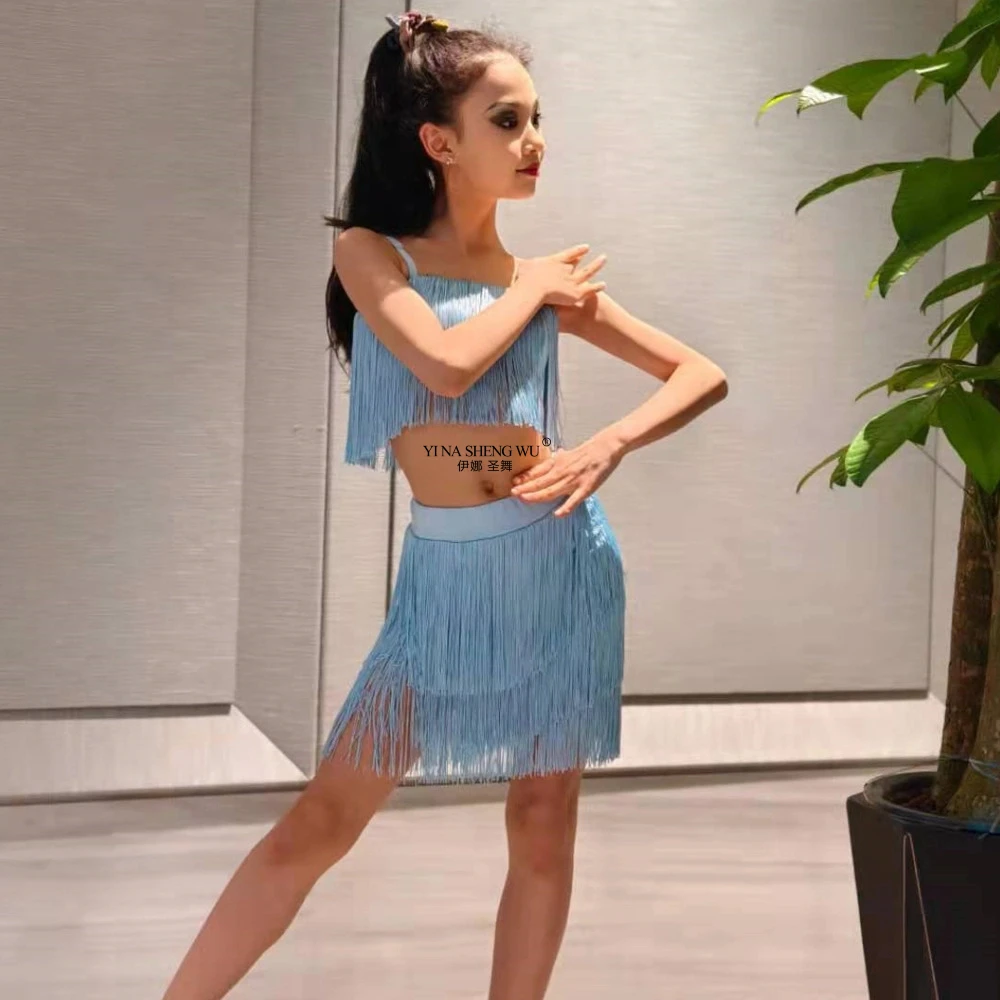 

Платье для латинских танцев для девочек, наряд для бальных соревнований с бахромой, топ-юбка для ча-ча, детская танцевальная одежда, тренировочная одежда, танцевальный костюм