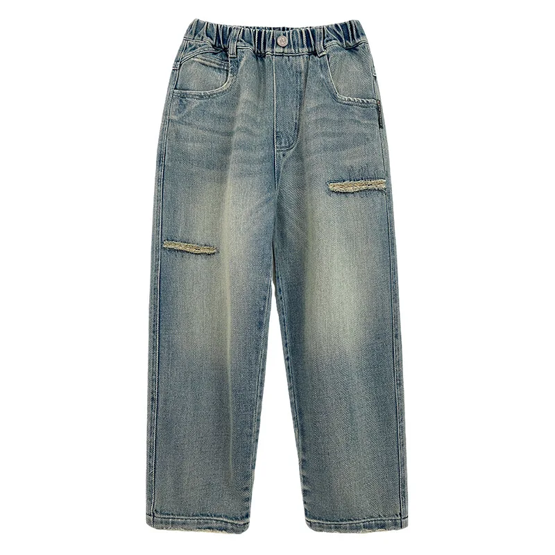 جديد ربيع وخريف 2025 بنطال جينز رائع للأولاد سروال كوري فضفاض أزرق غير رسمي مطبوع ملابس أطفال 5-14 سنة