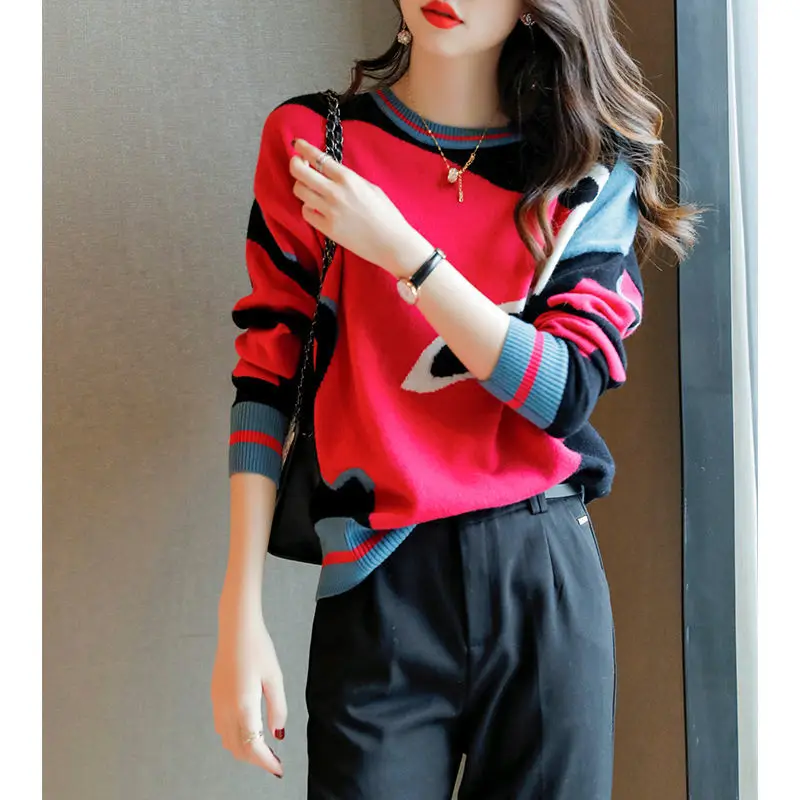 

Korean Fashion O-Neck Long Sleeve Color Sweaters Woman 2022 Autumn Winter New Casual Commute All-match Warm Knitted Pullover Top