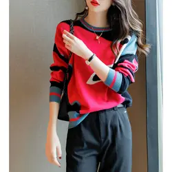 Korean Fashion O-Neck Long Sleeve Color Sweaters Woman Autumn Winter New Casual Commute All-match Warm Knitted Pullover Top