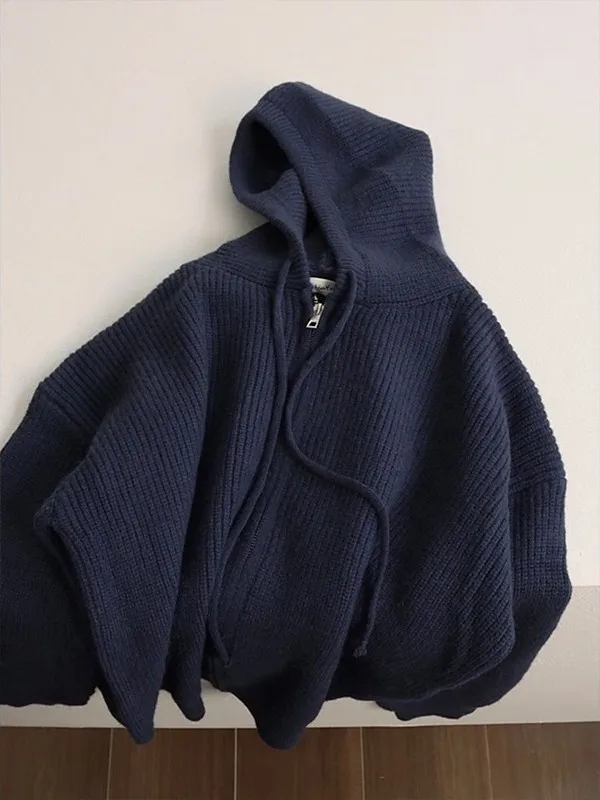 

Большой размер 300, вязаный свитер с капюшоном на молнии, женский осенне-зимний простой цветной ленивый кардиган, верхняя одежда