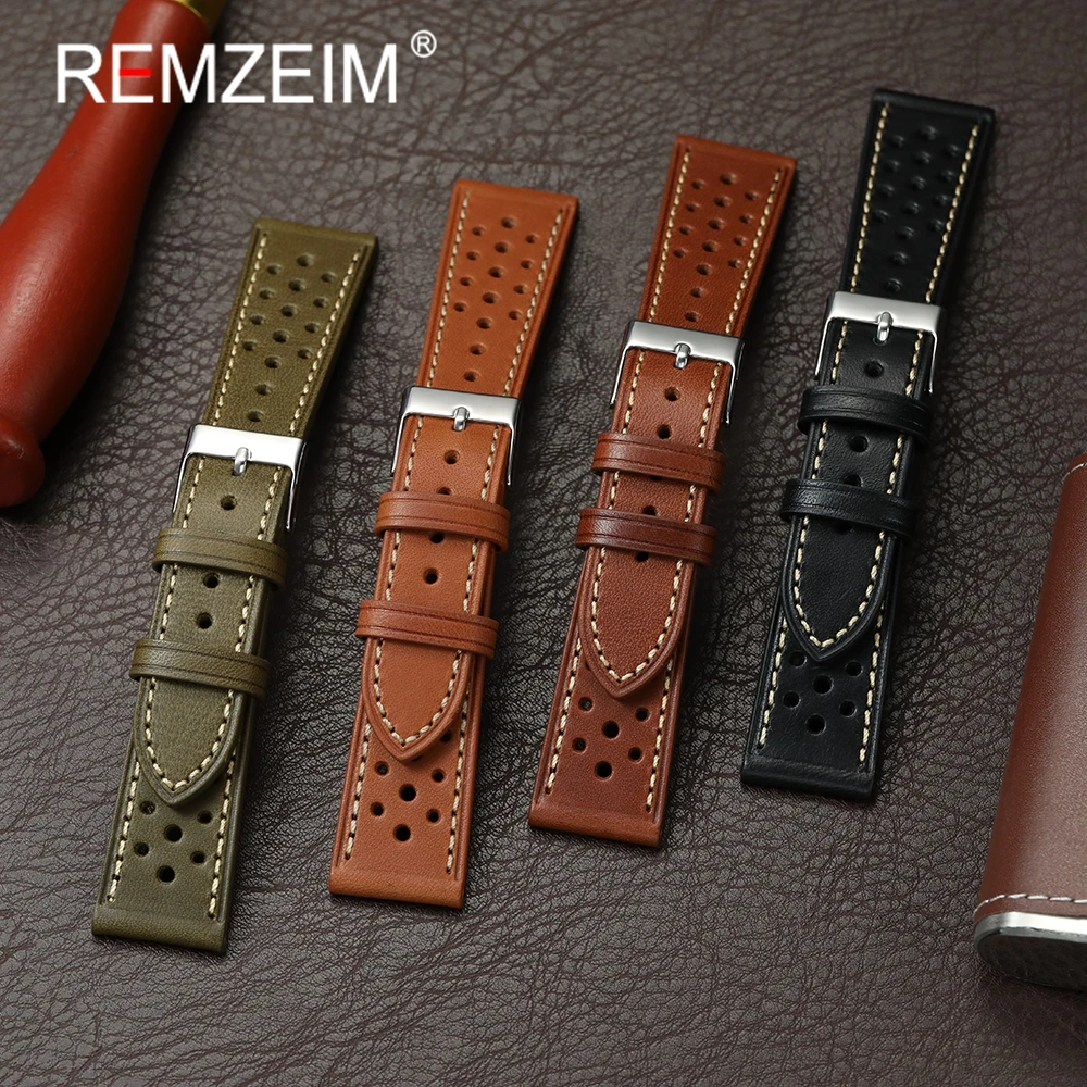 خمر اليدوية الطبقة الأولى جلد البقر حزام الساعات 20 مللي متر 22 مللي متر الساعات سوار الرجال النساء تنفس حزام ساعة اليد