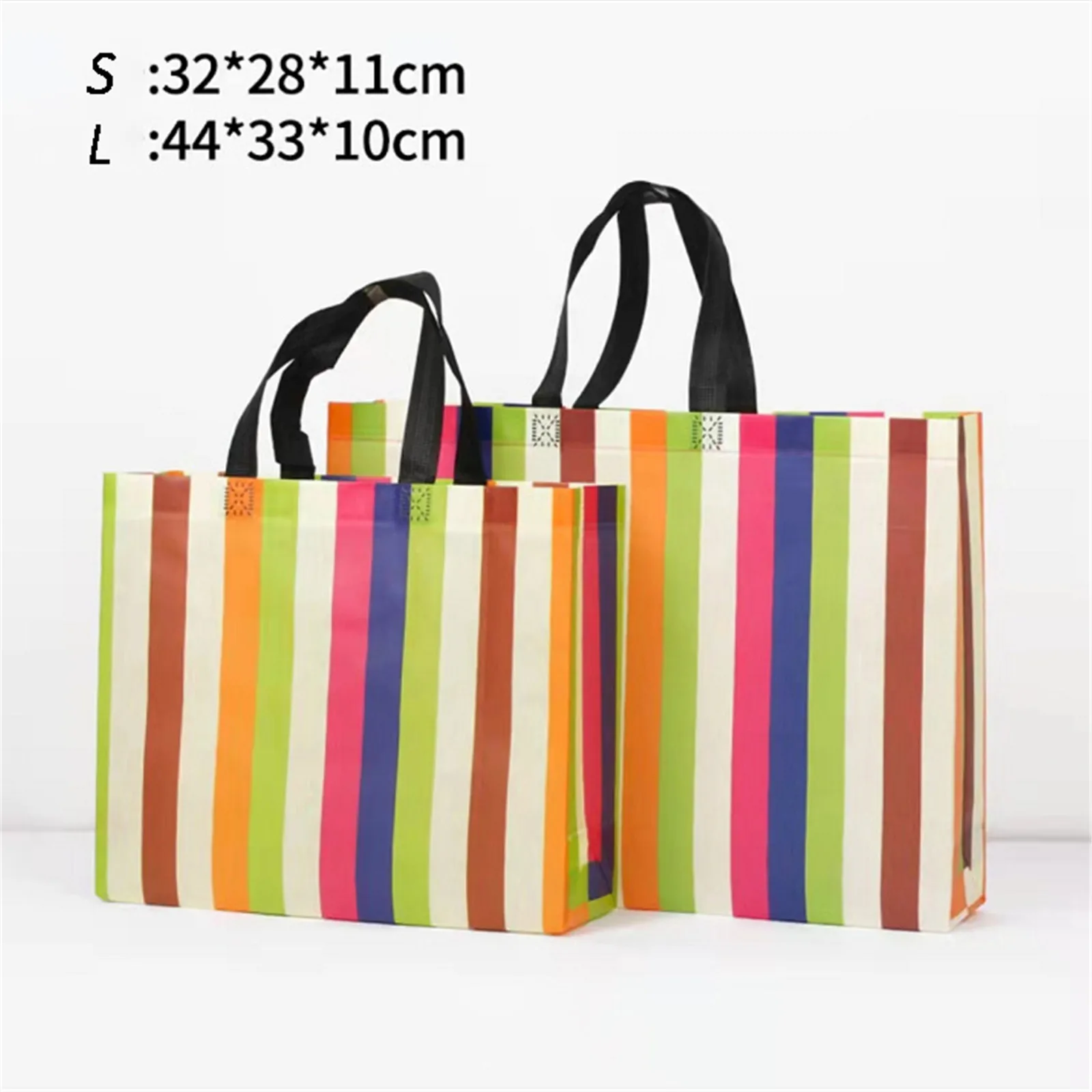 Foldable Tote Bag Color Striped Non-Woven Fabric Coated Handbag Large Capacity Shopping Bag Women Reusable Beach Grocery Pouch