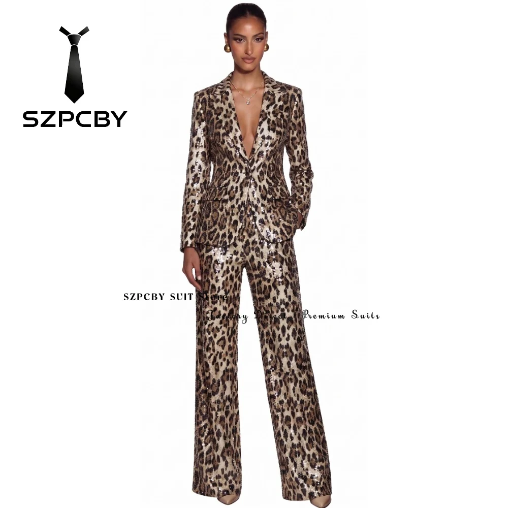 Women's Blazers and Suit Sets Sequin Leopard Pant Suits for Women Fashion Sexy Blazer and Wide Leg Pants Sparkly Cocktail Party