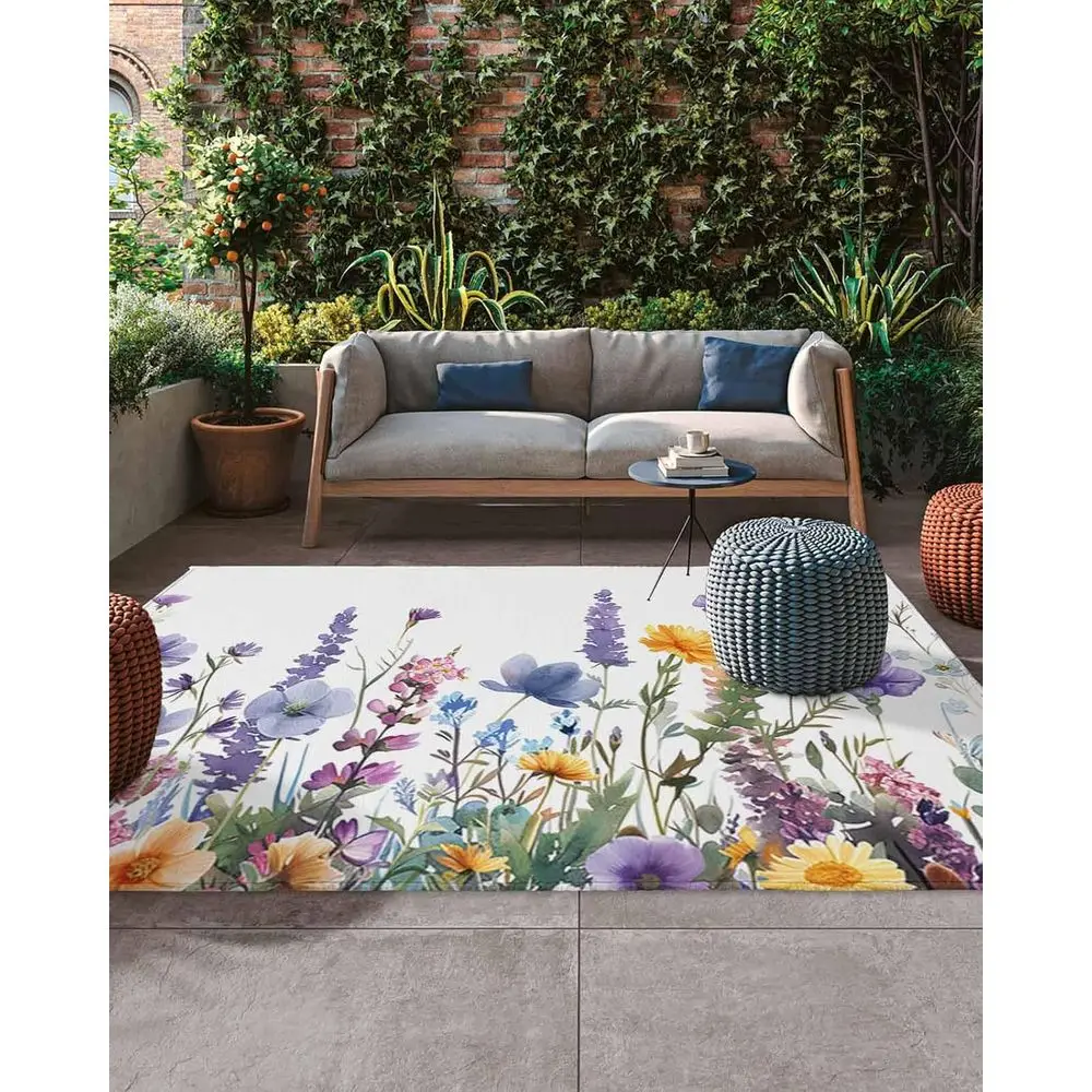 

Уличный ковер для патио 5x8 футов с хризантемой и лавандой, акварельный цветочный дизайн, идеально подходит для декора террасы, заднего двора и крыльца