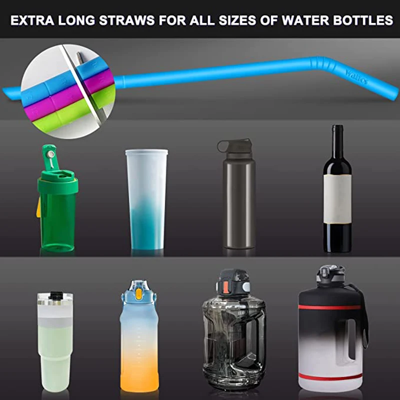 WALFOS Silicone Straw Free Cut Extra Long Reusable Big Sizes Flexible Bendable Straws For Large Water Bottles 14.5 Inch