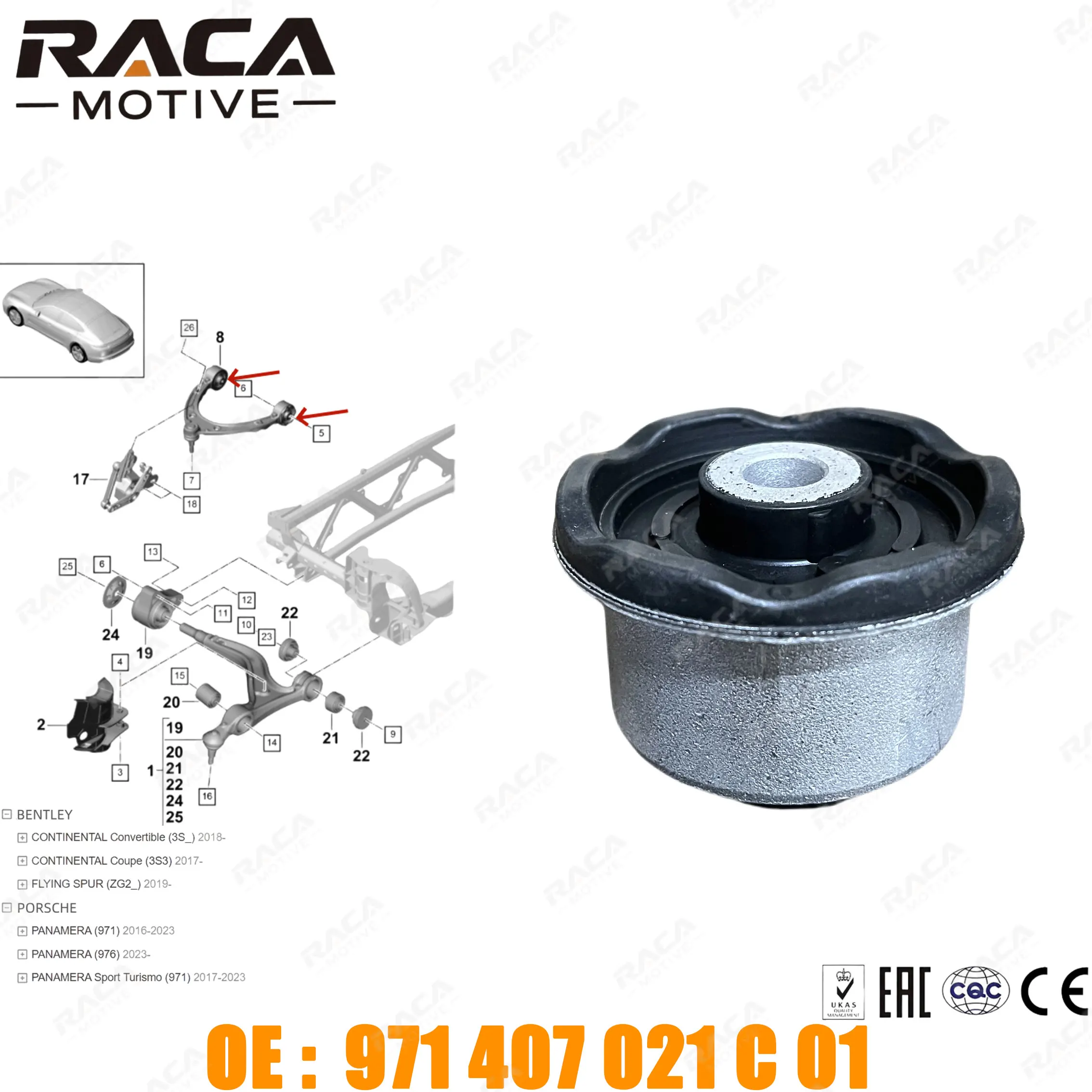 

Front Axle Traction Control Arm Bushing Suitable for Porsche Panamera (971/976) Bentley Continental (3S_/3S3) Flying Spur (Zg2_) 971407021C 01 971407021B 01