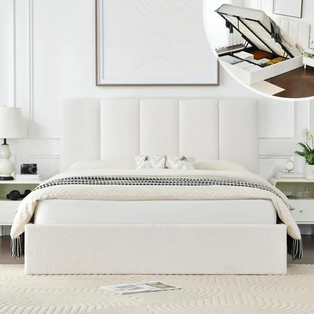 

VELOCAVA Full Size Lift-Up Storage Bed Frame, Boucle Upholstered Platform Bed with Vertical Channel Headboard, Hydraulic Storage
