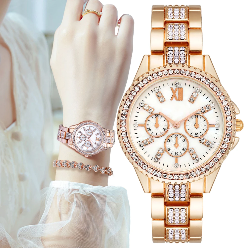 Luxury Three Eyes With Diamonds Women Quartz Watch New Fashion Brand Lady Watches Rose Gold Stainless Steel Bracelet Gift Clock