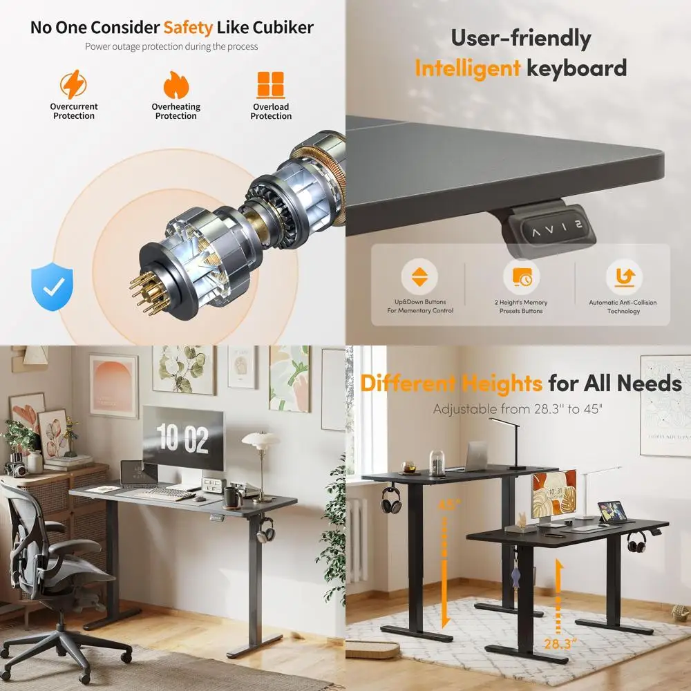 مكتب قائم كهربائي قابل لضبط الارتفاع، لوح مقسم 40 × 24، إطار أسود وعلوي للمكتب المنزلي