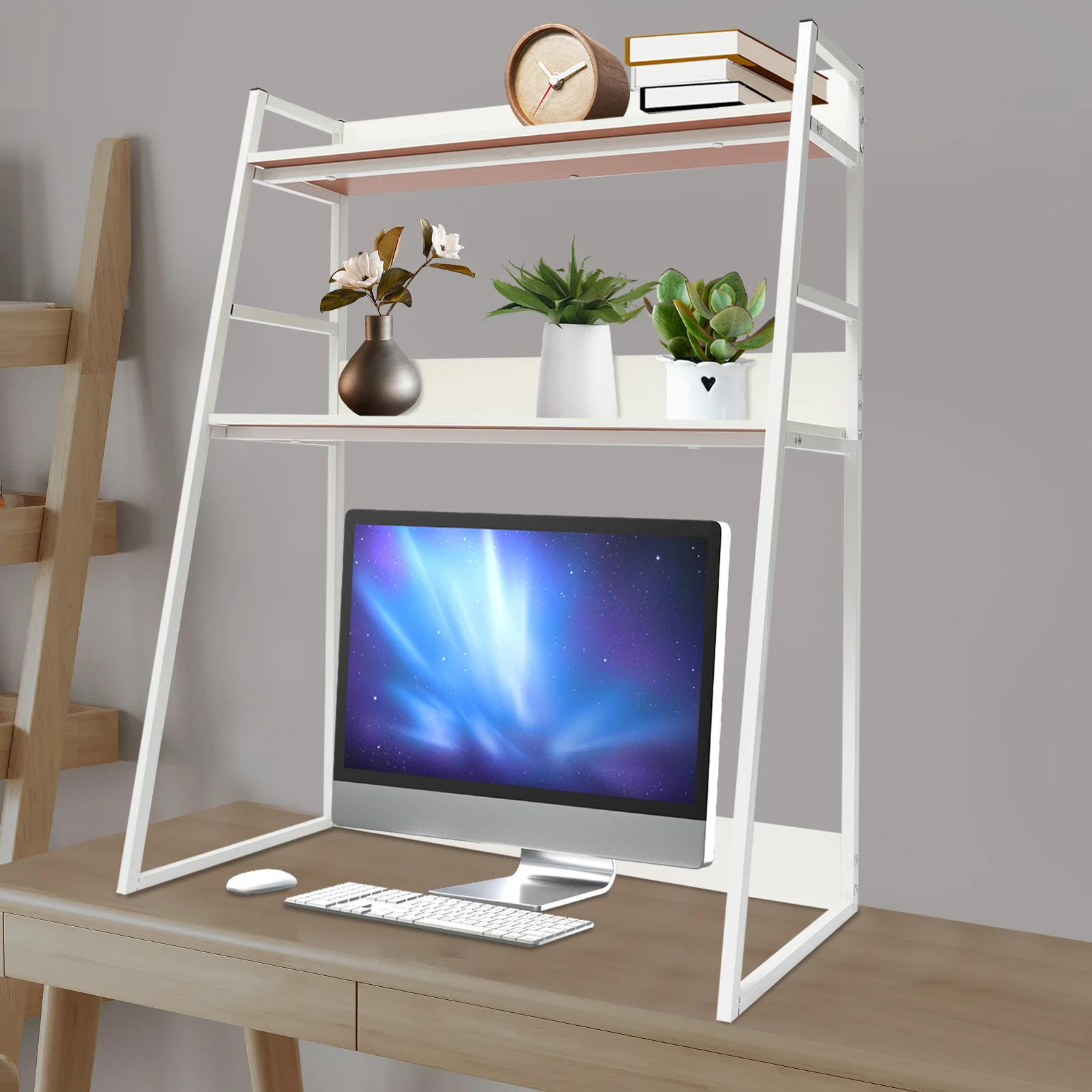 White MDF Wrought Iron 75x32x90cm Trapezoidal Desktop Bookshelf Double-layer Large-capacity Storage Desktop Shelf