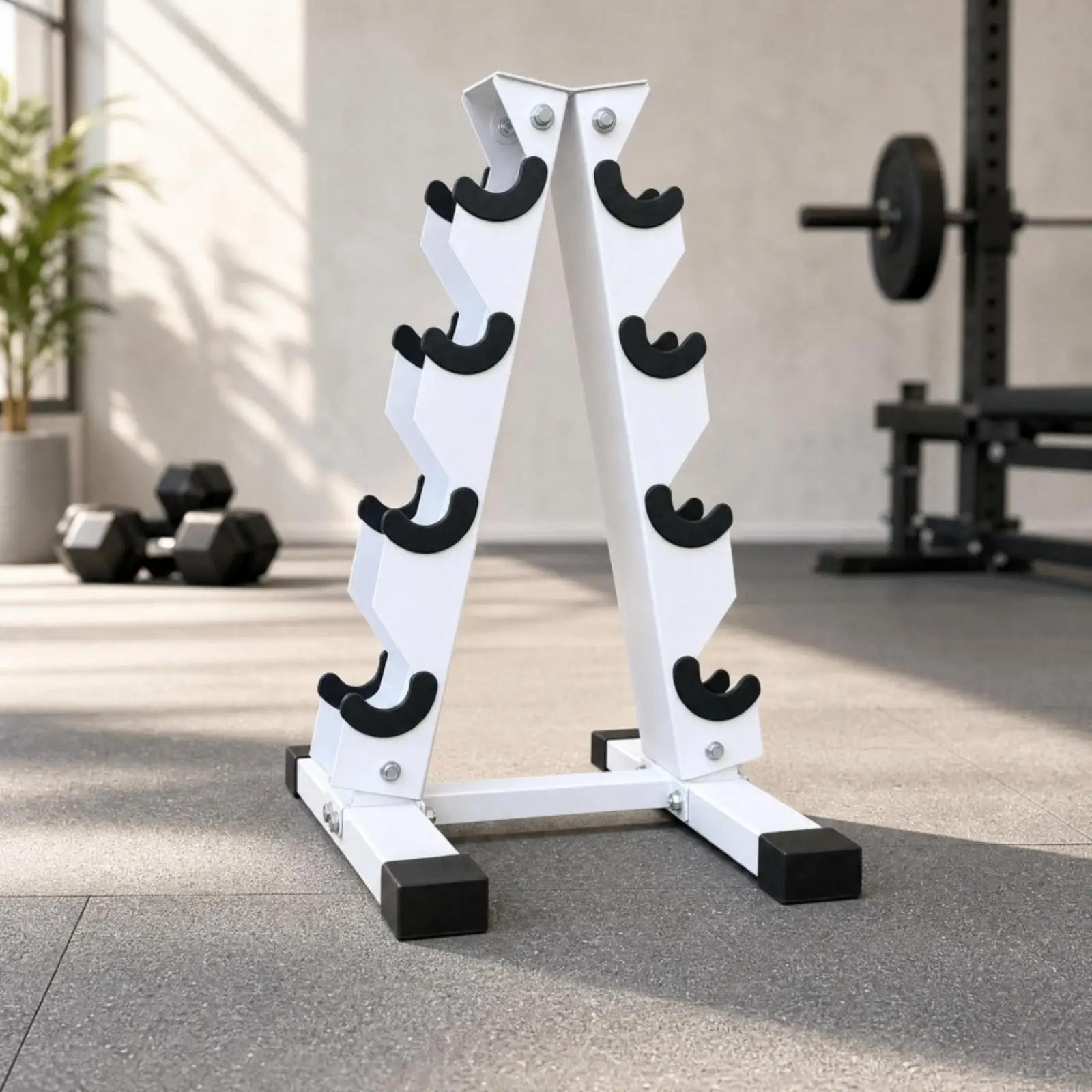 Home Gym Dumbbell Rack Storage Steel 4 Tier Triangle Organizer for Hex Weights Space Saving Design with Rubberized Feet and