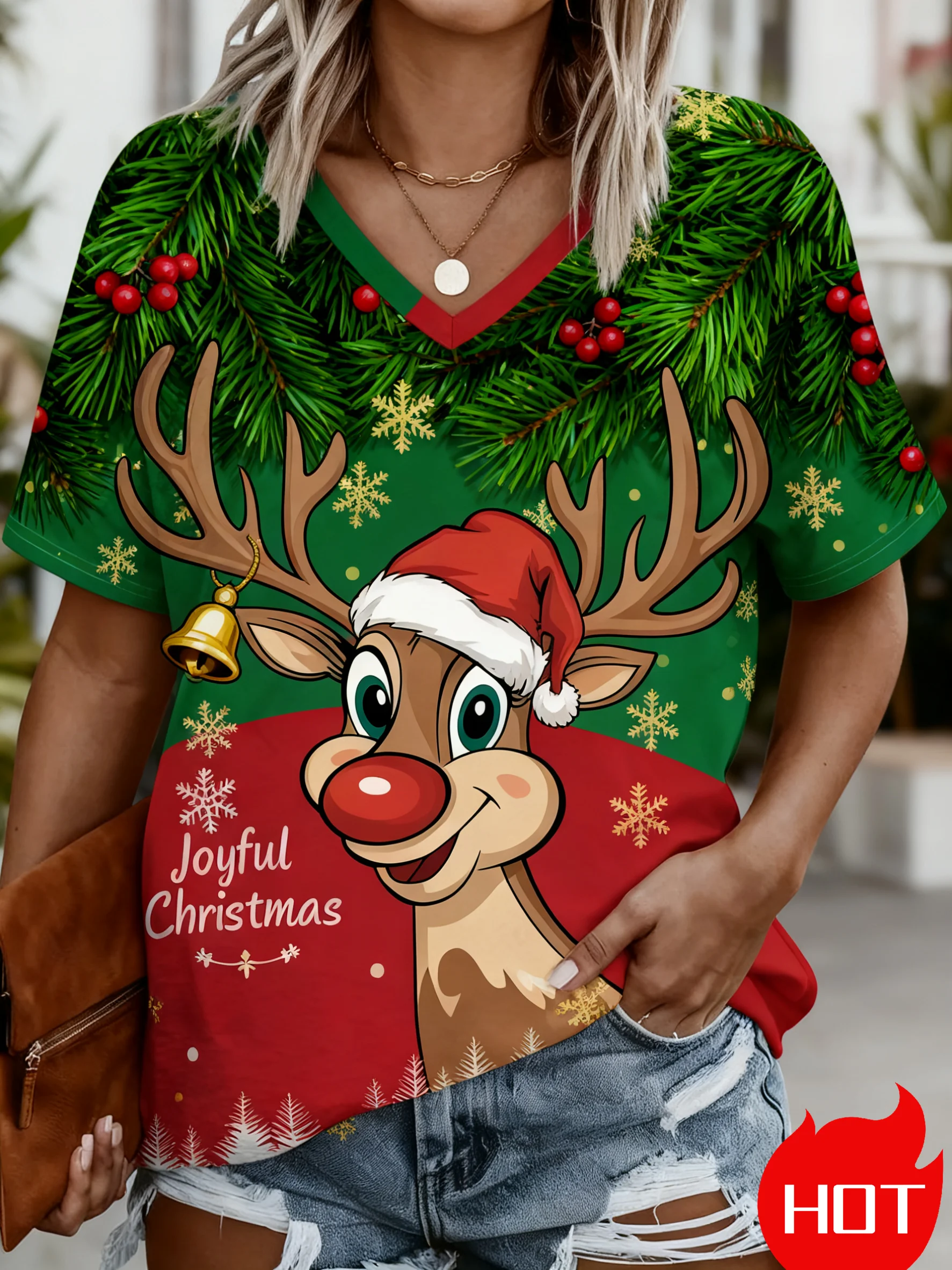 Cartoon Christmas Elk Print Women's T-Shirts Casual V-neck Short Sleeve Tops Fashion Ladies X'mas Tees Breathable Loose T shirt